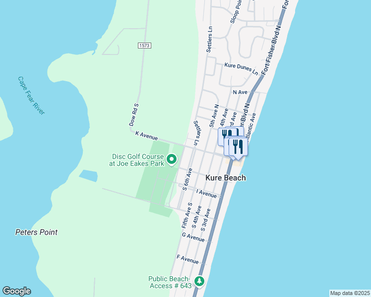 map of restaurants, bars, coffee shops, grocery stores, and more near 102 South 6th Avenue in Kure Beach