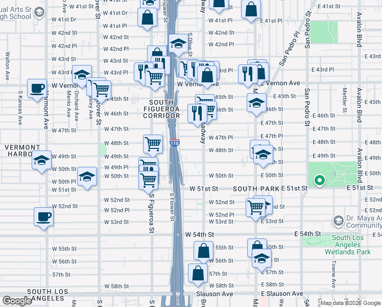 map of restaurants, bars, coffee shops, grocery stores, and more near 328 West 48th Street in Los Angeles