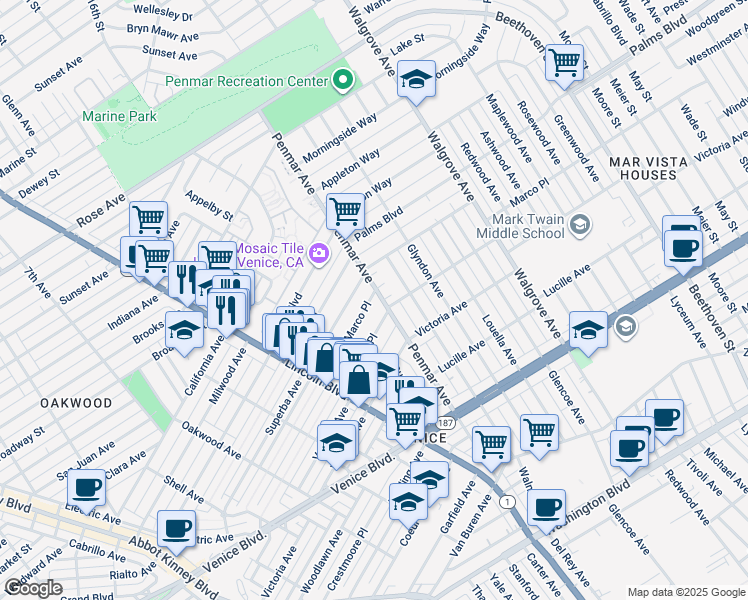 map of restaurants, bars, coffee shops, grocery stores, and more near 2045 Penmar Avenue in Los Angeles