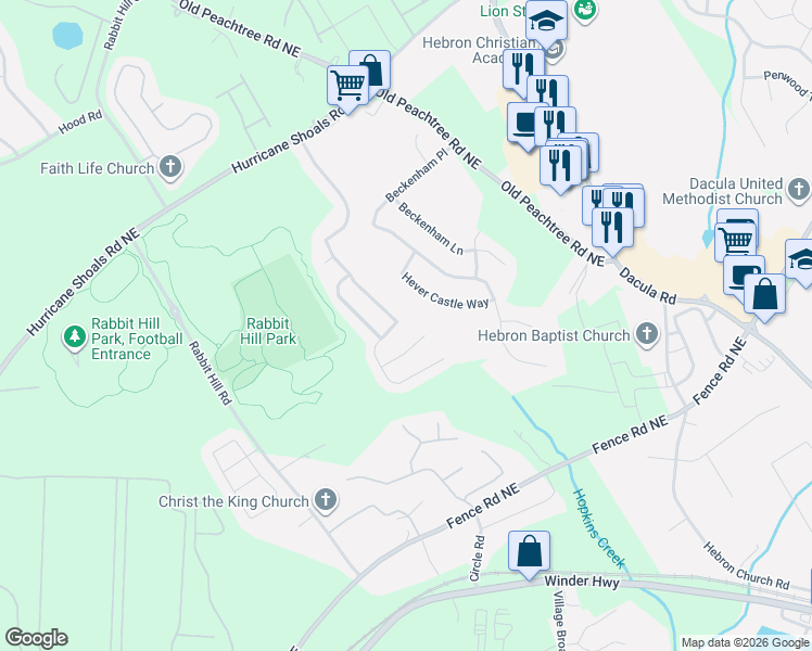 map of restaurants, bars, coffee shops, grocery stores, and more near 455 Beckenham Walk Drive in Dacula
