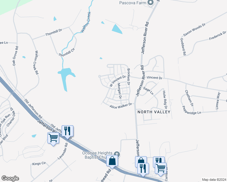 map of restaurants, bars, coffee shops, grocery stores, and more near 385 Lorien Way in Athens