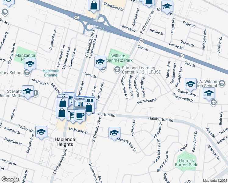 map of restaurants, bars, coffee shops, grocery stores, and more near 1729 Craighton Avenue in La Puente