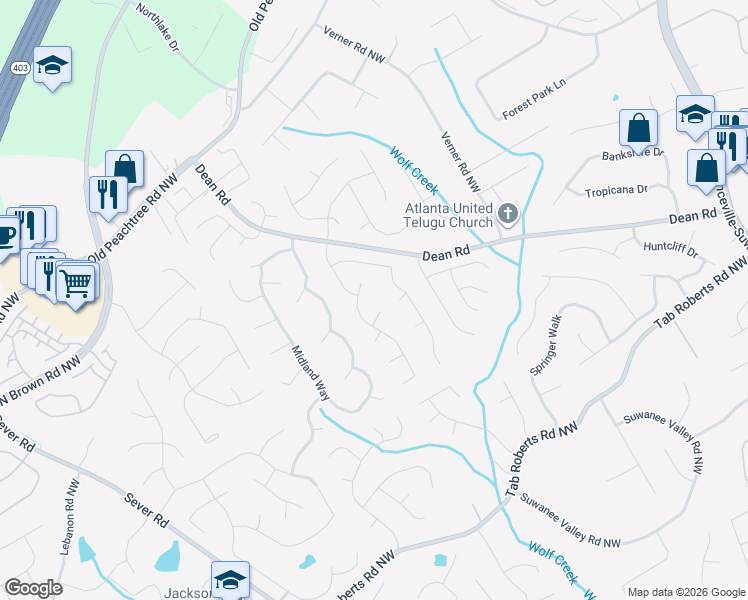 map of restaurants, bars, coffee shops, grocery stores, and more near 1025 Birch Ridge Run in Lawrenceville