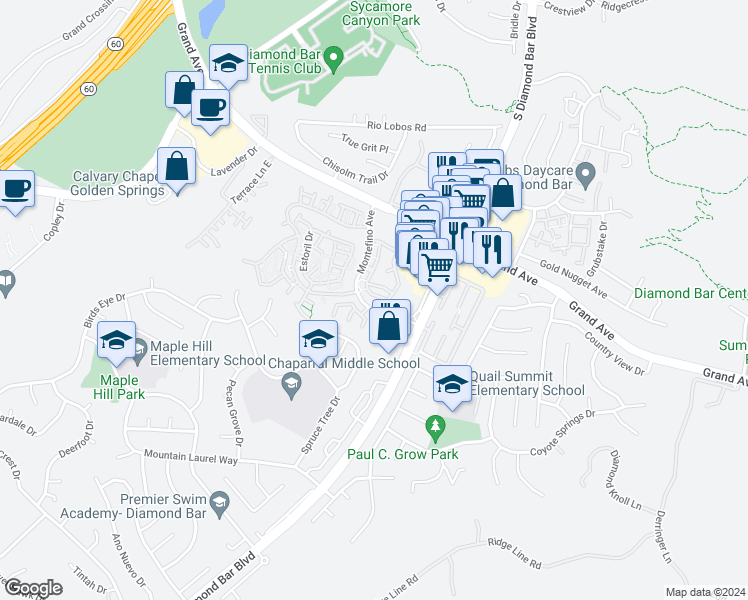 map of restaurants, bars, coffee shops, grocery stores, and more near 23020 Paseo De Terrado in Diamond Bar