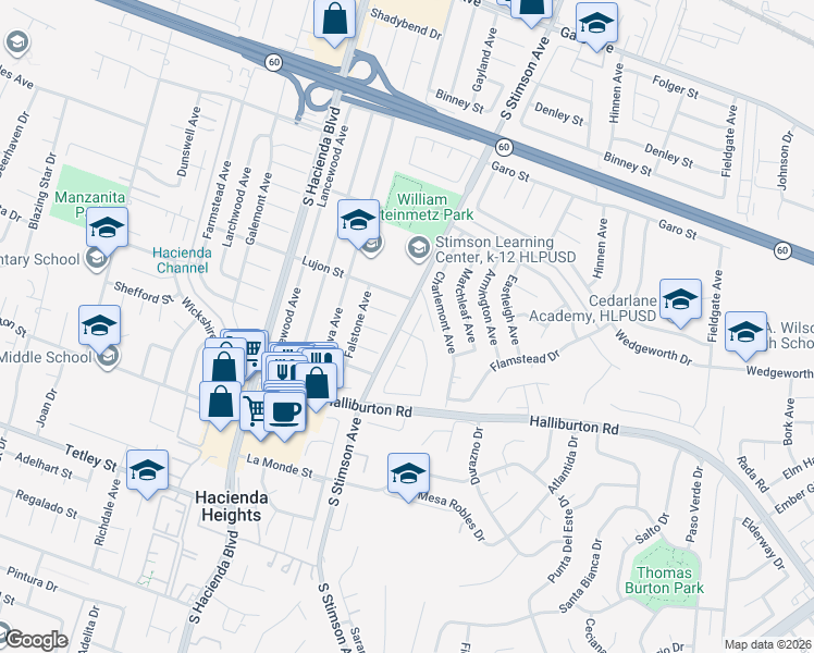 map of restaurants, bars, coffee shops, grocery stores, and more near 1729 Craighton Avenue in La Puente
