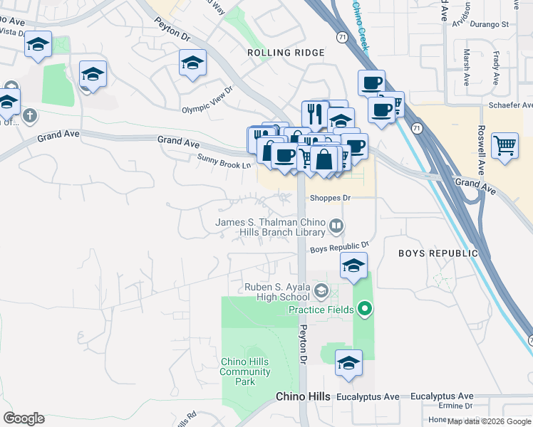 map of restaurants, bars, coffee shops, grocery stores, and more near 14020 Golden Raintree Lane in Chino Hills