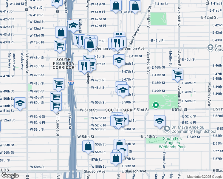 map of restaurants, bars, coffee shops, grocery stores, and more near 124 West 48th Street in Los Angeles