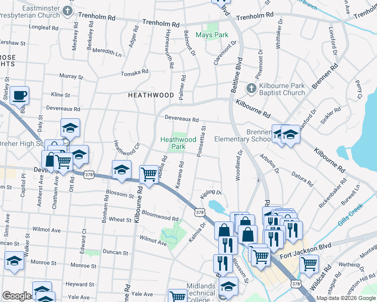 map of restaurants, bars, coffee shops, grocery stores, and more near 800 Kawana Road in Columbia