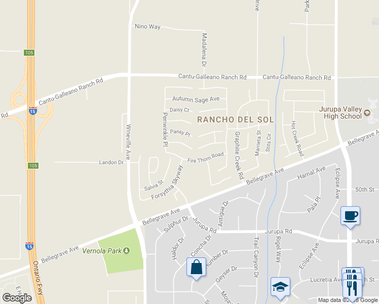 map of restaurants, bars, coffee shops, grocery stores, and more near 11592 Bluebeard Court in Jurupa Valley