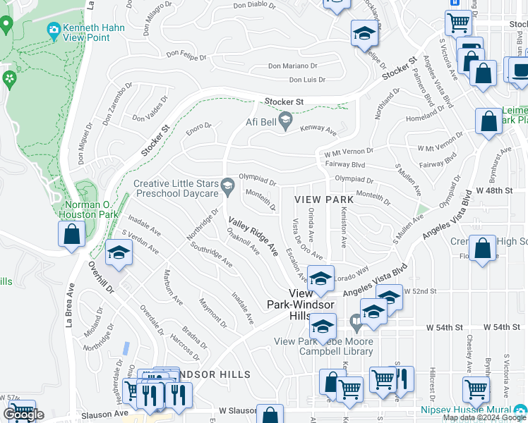map of restaurants, bars, coffee shops, grocery stores, and more near 4057 Athenian Way in View Park-Windsor Hills