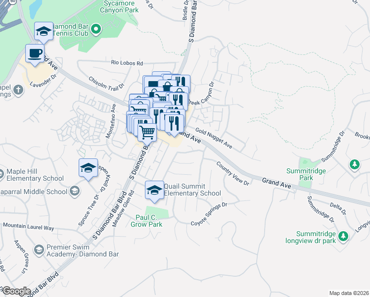 map of restaurants, bars, coffee shops, grocery stores, and more near 23502 Shadow Crest Place in Diamond Bar