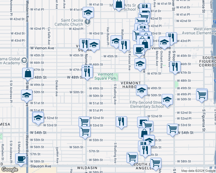 map of restaurants, bars, coffee shops, grocery stores, and more near 1231 West 49th Street in Los Angeles