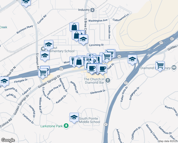 map of restaurants, bars, coffee shops, grocery stores, and more near 21000 Golden Springs Drive in Diamond Bar
