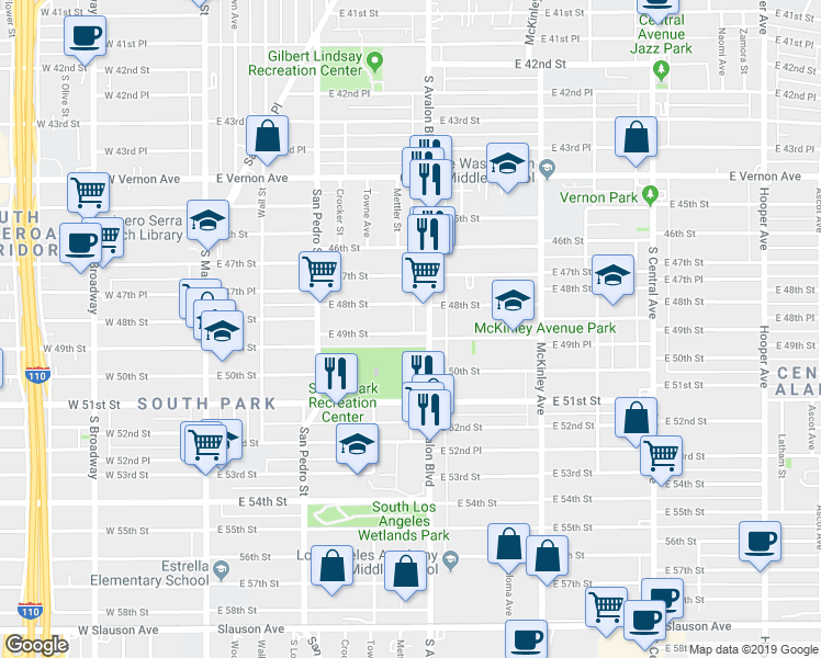 map of restaurants, bars, coffee shops, grocery stores, and more near 515 East 49th Street in Los Angeles