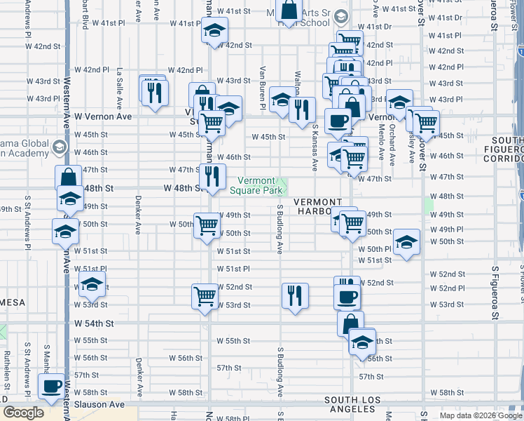 map of restaurants, bars, coffee shops, grocery stores, and more near 1231 West 49th Street in Los Angeles