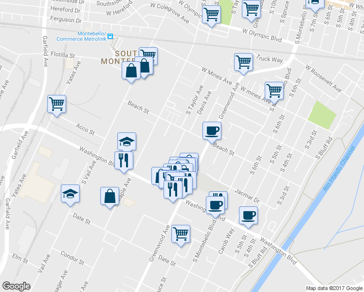 map of restaurants, bars, coffee shops, grocery stores, and more near 828 South Taylor Avenue in Montebello