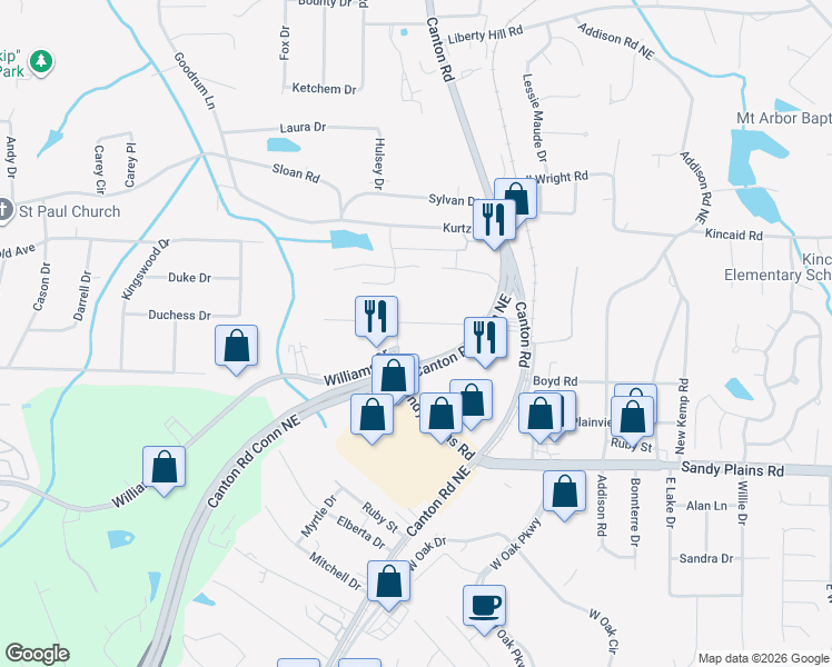 map of restaurants, bars, coffee shops, grocery stores, and more near 814 Shadybrook Drive in Marietta