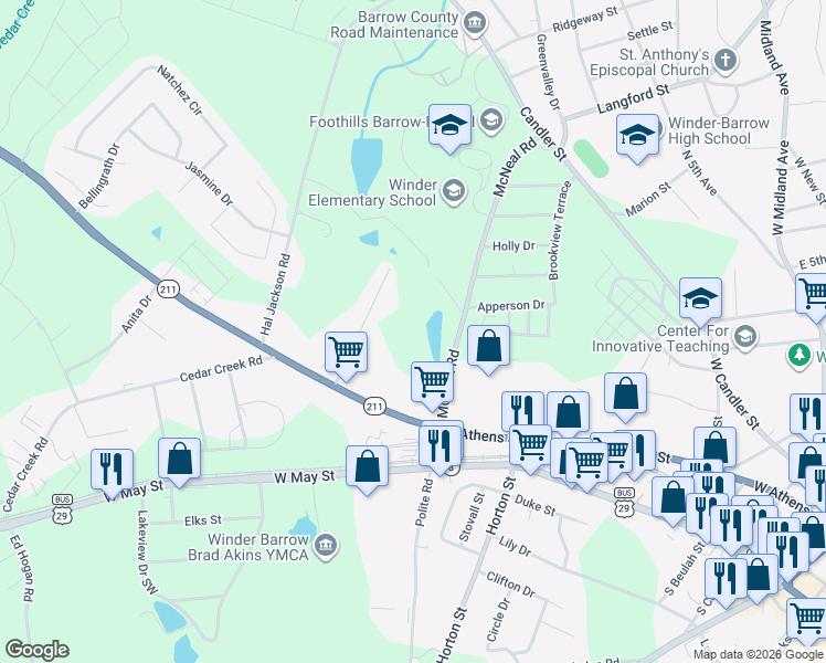 map of restaurants, bars, coffee shops, grocery stores, and more near 128 McNeal Road in Winder