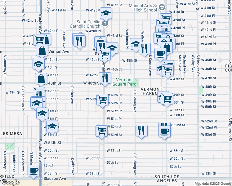 map of restaurants, bars, coffee shops, grocery stores, and more near 1311 West 49th Street in Los Angeles