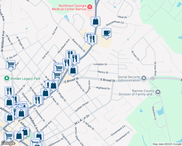 map of restaurants, bars, coffee shops, grocery stores, and more near 261 Nancy St in Winder