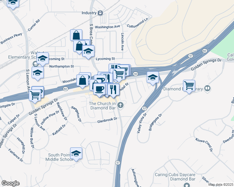map of restaurants, bars, coffee shops, grocery stores, and more near 21110 Gerndal Street in Walnut