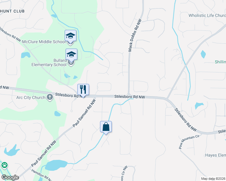 map of restaurants, bars, coffee shops, grocery stores, and more near 3490 Serenade Cmns Northwest in Kennesaw