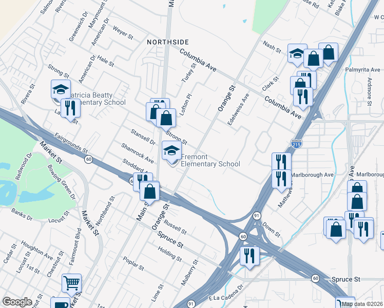 map of restaurants, bars, coffee shops, grocery stores, and more near 1749 Orange Street in Riverside