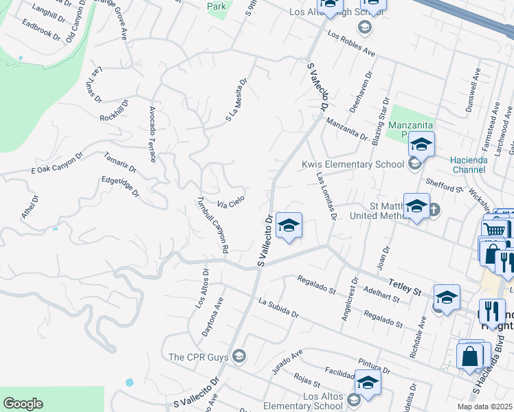 map of restaurants, bars, coffee shops, grocery stores, and more near 2111 South Vallecito Drive in Hacienda Heights