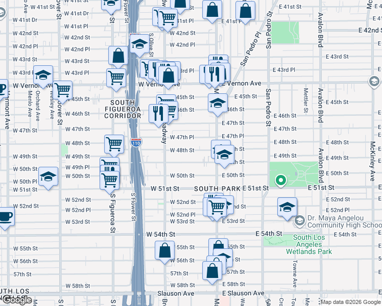 map of restaurants, bars, coffee shops, grocery stores, and more near 160 West 48th Street in Los Angeles