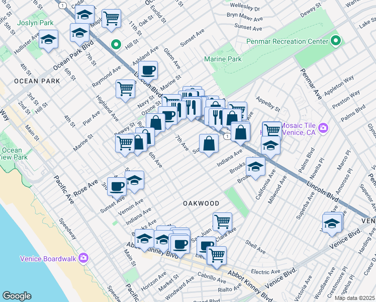 map of restaurants, bars, coffee shops, grocery stores, and more near 659b 7th Avenue in Los Angeles