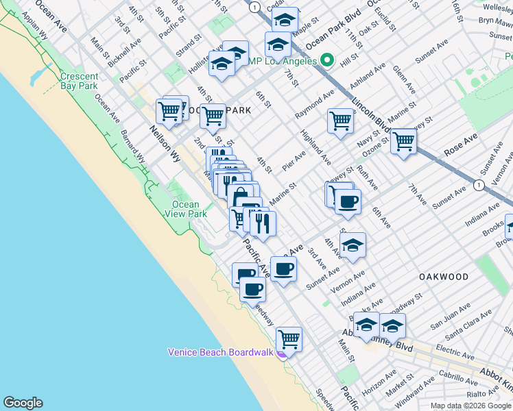 map of restaurants, bars, coffee shops, grocery stores, and more near 3017 2nd Street in Santa Monica