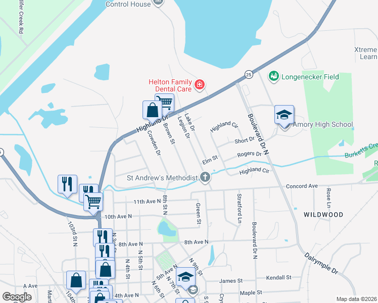 map of restaurants, bars, coffee shops, grocery stores, and more near 1209 Legion Drive in Amory