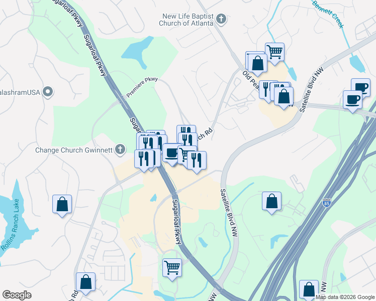 map of restaurants, bars, coffee shops, grocery stores, and more near 2741 Meadow Church Road in Duluth