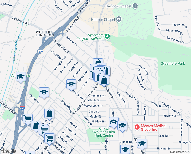 map of restaurants, bars, coffee shops, grocery stores, and more near in Whittier