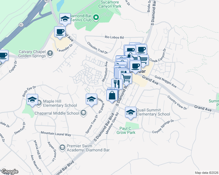 map of restaurants, bars, coffee shops, grocery stores, and more near 23020 Paseo De Terrado in Diamond Bar