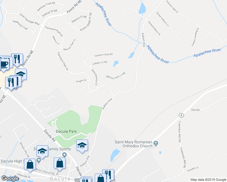 map of restaurants, bars, coffee shops, grocery stores, and more near 2616 Fairmont Park Court in Dacula