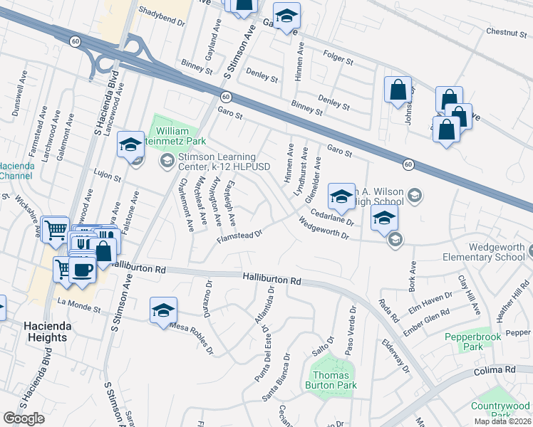 map of restaurants, bars, coffee shops, grocery stores, and more near 16226 Sigman Street in Hacienda Heights