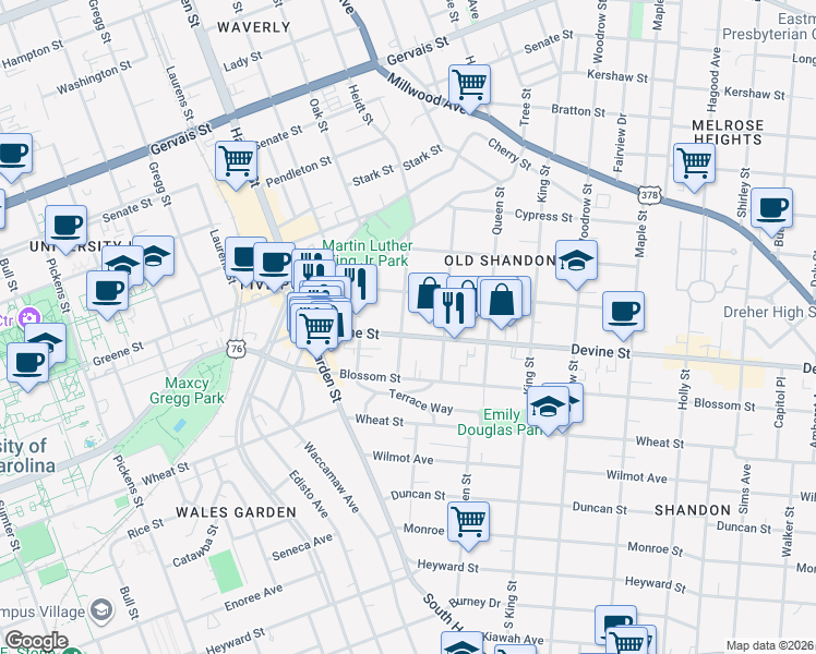 map of restaurants, bars, coffee shops, grocery stores, and more near 2301 Devine Street in Columbia