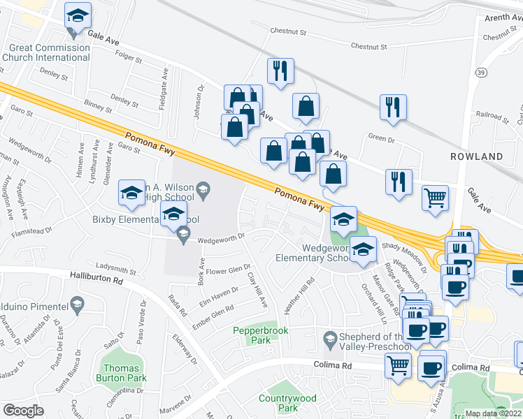 map of restaurants, bars, coffee shops, grocery stores, and more near 1422 Countrywood Avenue in Hacienda Heights