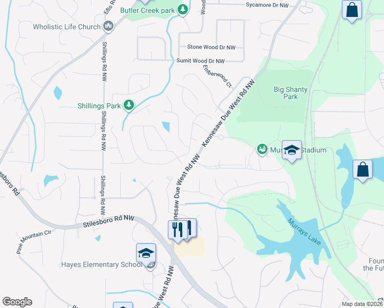 map of restaurants, bars, coffee shops, grocery stores, and more near 1933 Westover Lane in Kennesaw