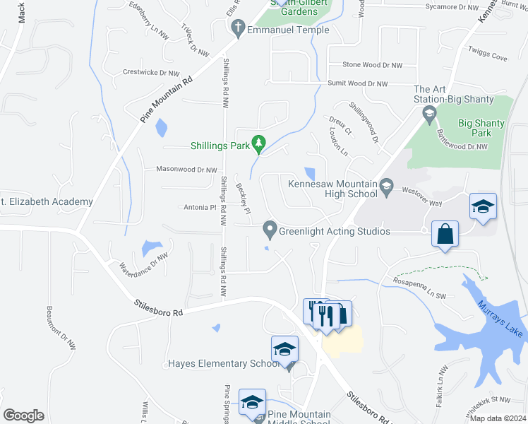 map of restaurants, bars, coffee shops, grocery stores, and more near 1967 Westover Lane in Kennesaw