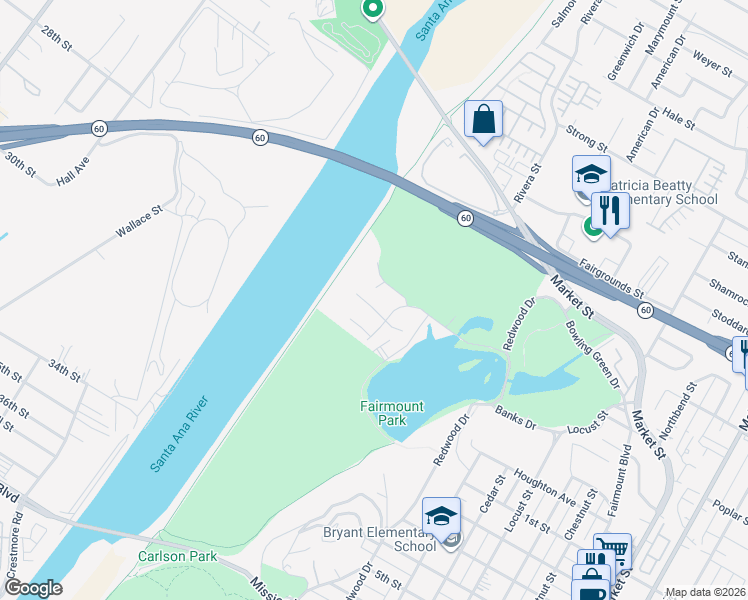 map of restaurants, bars, coffee shops, grocery stores, and more near 4645 Circle Lazy J Road in Riverside