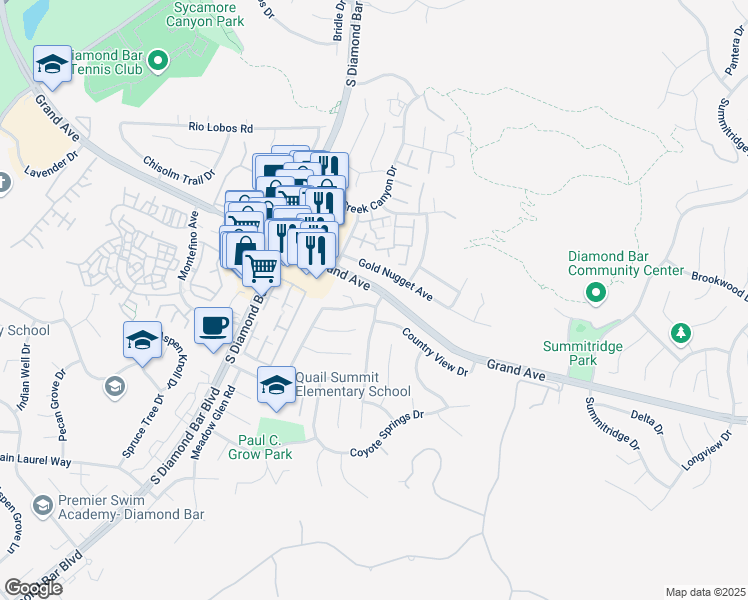 map of restaurants, bars, coffee shops, grocery stores, and more near 1301 Winterwood Lane in Diamond Bar
