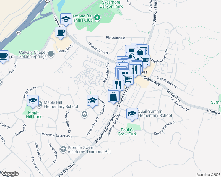 map of restaurants, bars, coffee shops, grocery stores, and more near 23020 Paseo De Terrado in Diamond Bar