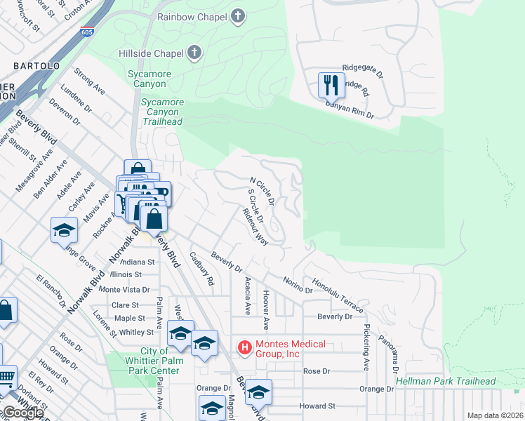 map of restaurants, bars, coffee shops, grocery stores, and more near 11838 North Circle Drive in Whittier