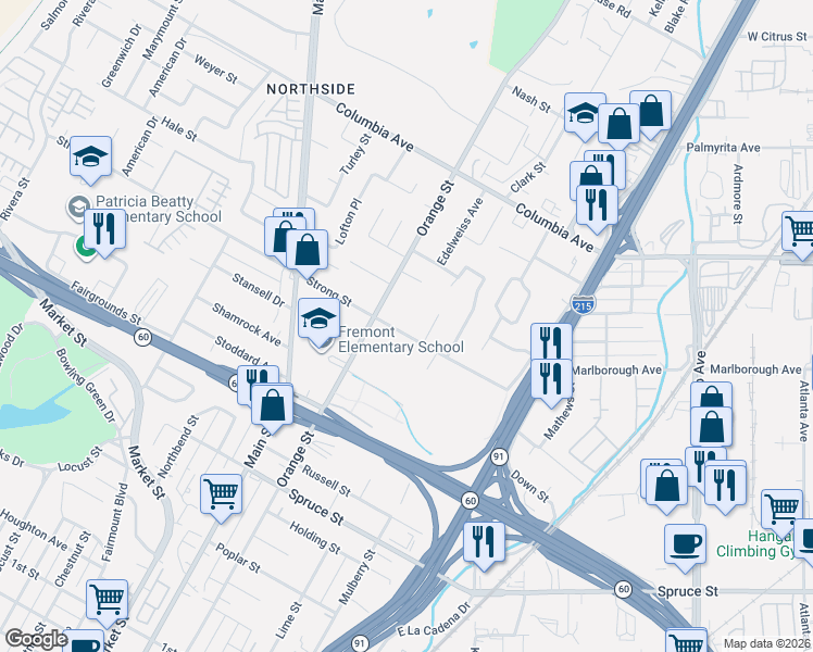 map of restaurants, bars, coffee shops, grocery stores, and more near 3557 Strong Street in Riverside