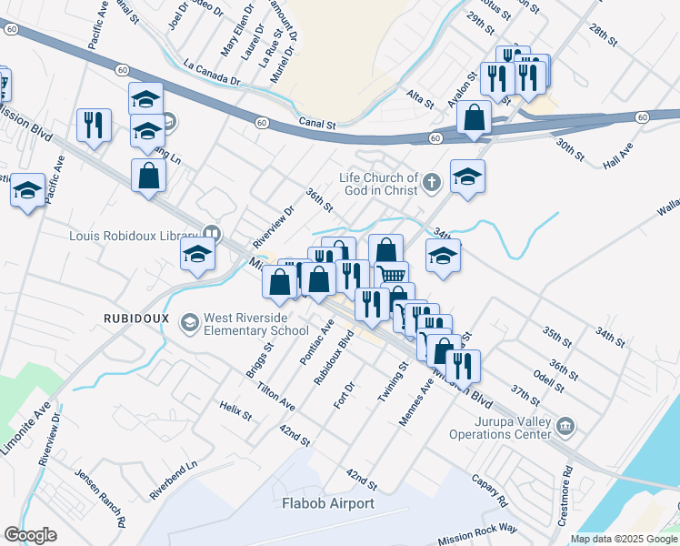 map of restaurants, bars, coffee shops, grocery stores, and more near 3714 Pioneer Drive in Riverside