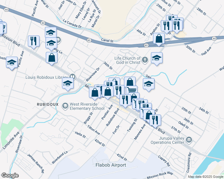 map of restaurants, bars, coffee shops, grocery stores, and more near 3714 Pioneer Drive in Riverside
