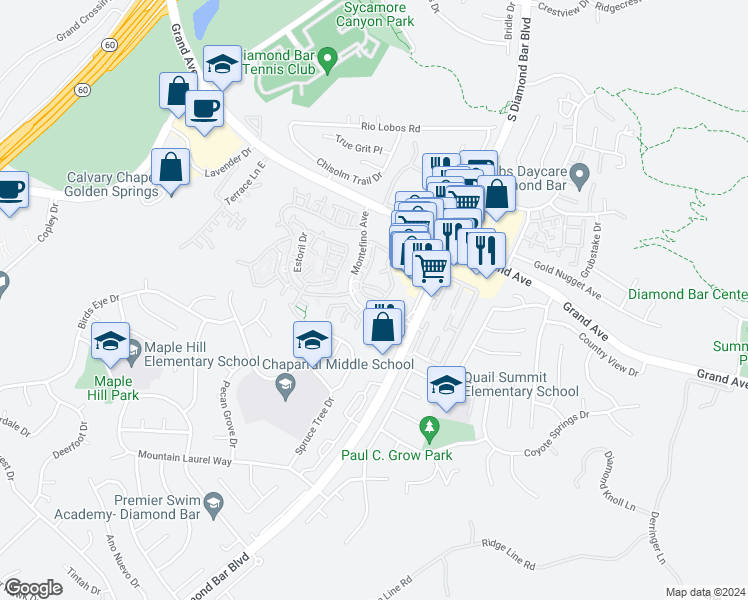 map of restaurants, bars, coffee shops, grocery stores, and more near 23020 Paseo De Terrado in Diamond Bar