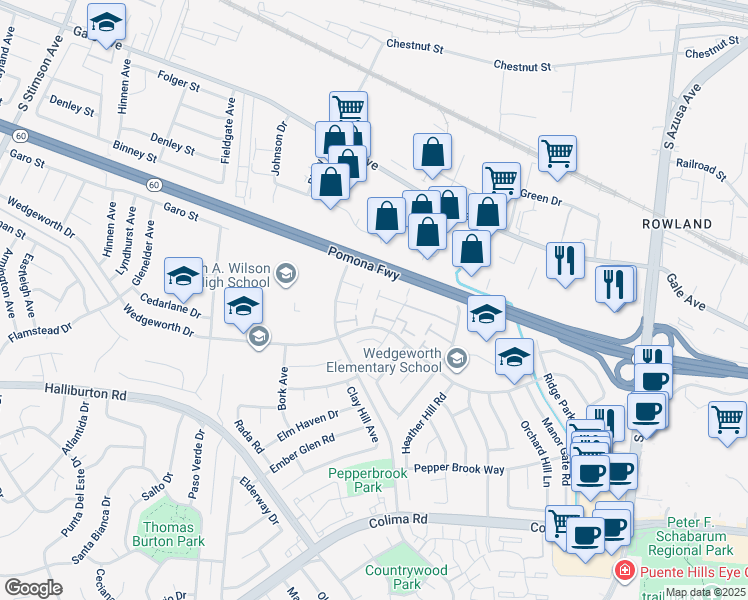 map of restaurants, bars, coffee shops, grocery stores, and more near 1422 Countrywood Avenue in Hacienda Heights